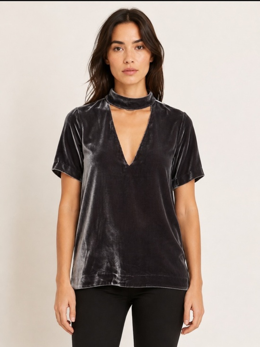 Madewell XS Black Silk Velvet Choker Neck V-Neck Short Sleeve Top